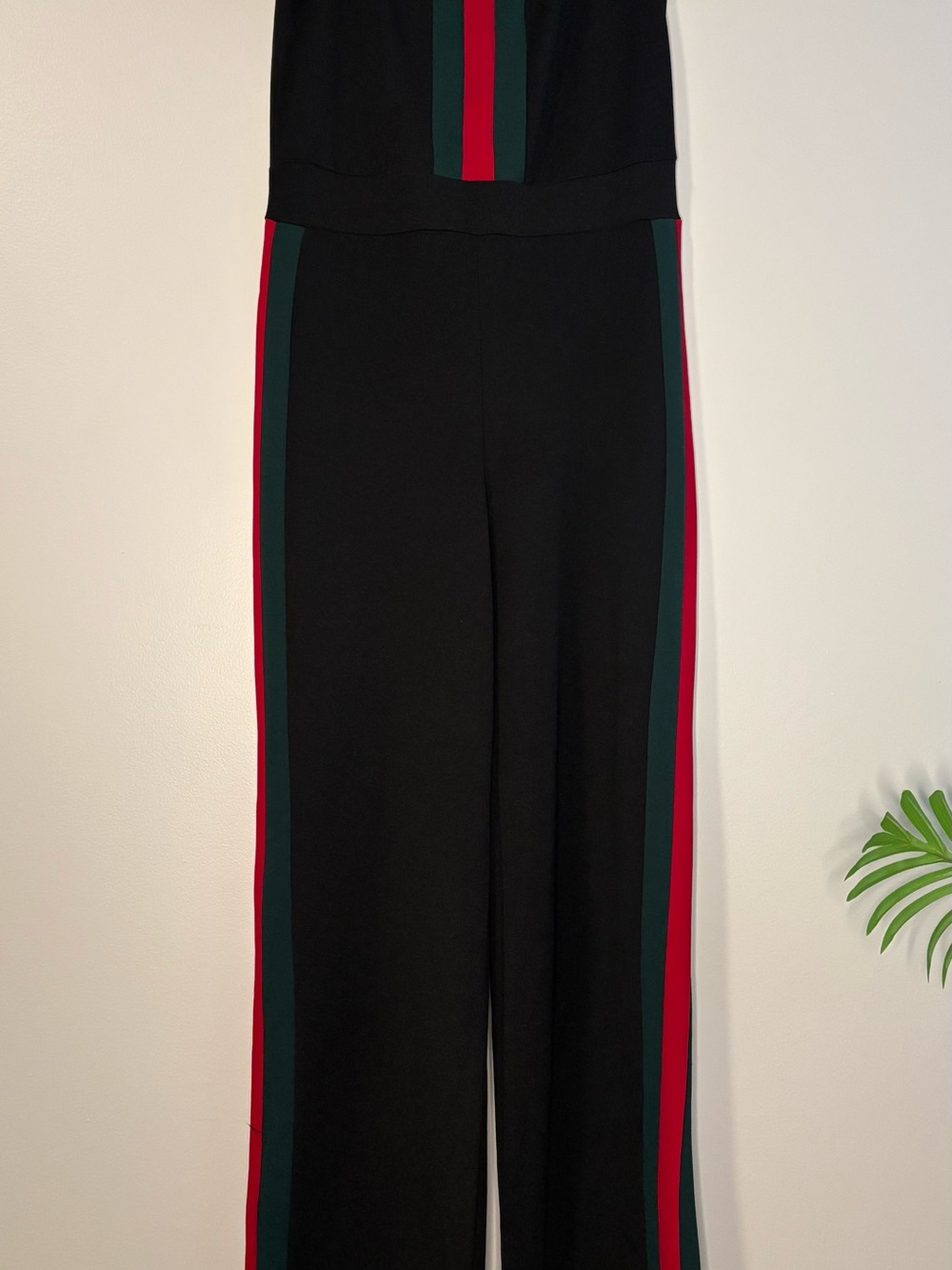 Vogue Black Wide-Leg Jumpsuit with Red and Dark Green Stripes